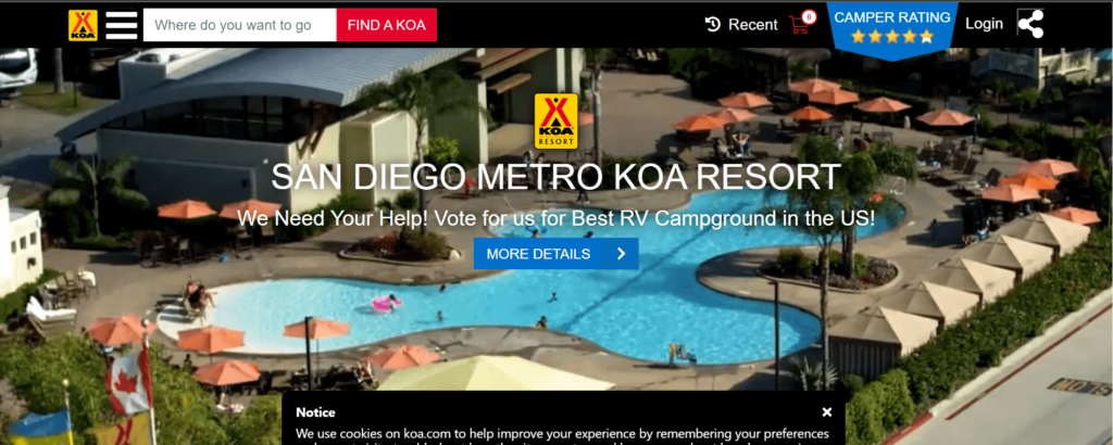 Homepage of San Diego Metro KOA Resort / koa.com