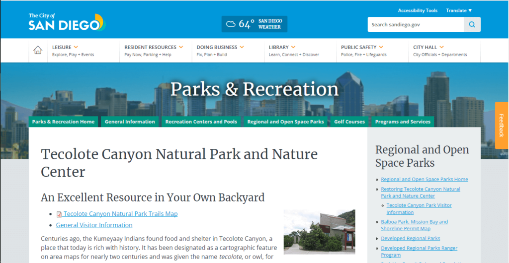 Homepage of Tecolote Canyon Natural Park and Nature Centre / https://www.sandiego.gov/park-and-recreation/parks/osp/tecolote
