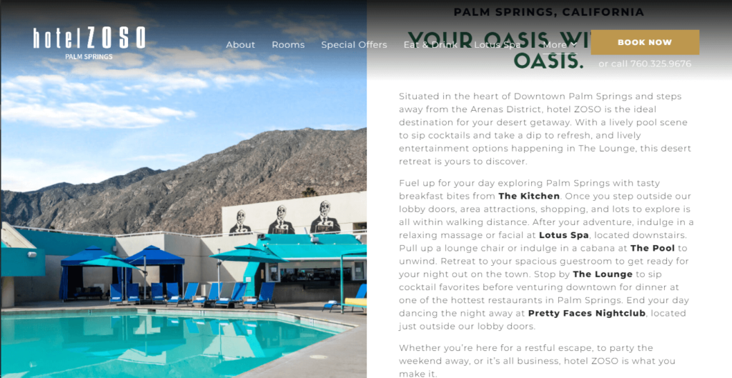 Homepage of The Club Downtown Palm Springs at Hotel Zoso / https://www.hotelzosopalmsprings.com

